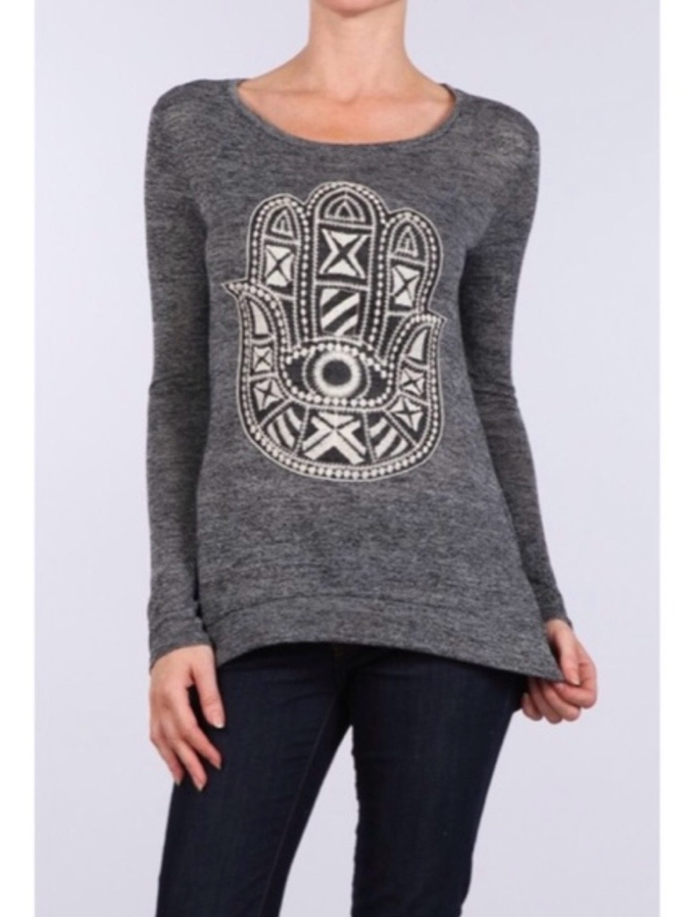 Dark Grey Long Sleeve Tee with Embroidered Hamsa Graphic Top, Size Small